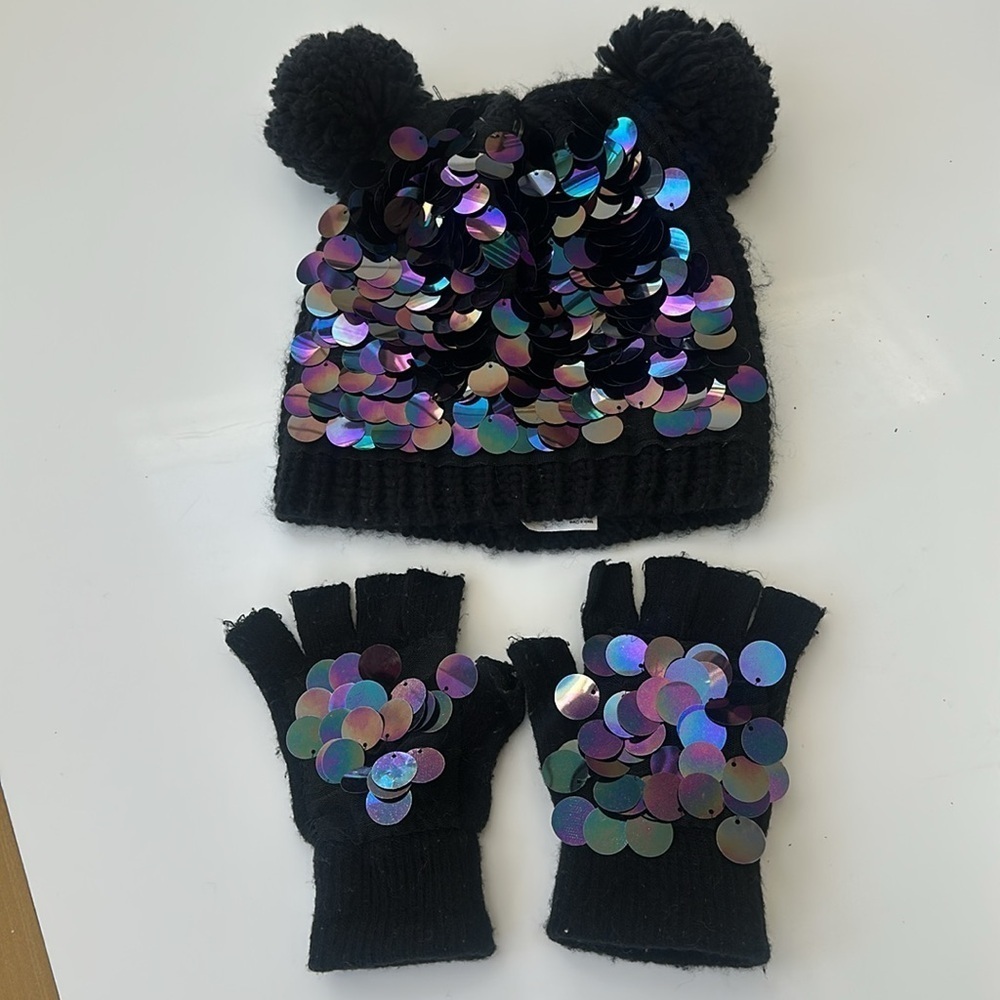 Sequin Beanie and Gloves Set